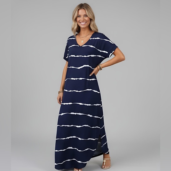 Blue Tie Dye Striped Curved Hem Tee Dress With Pockets - Picture 1 of 6